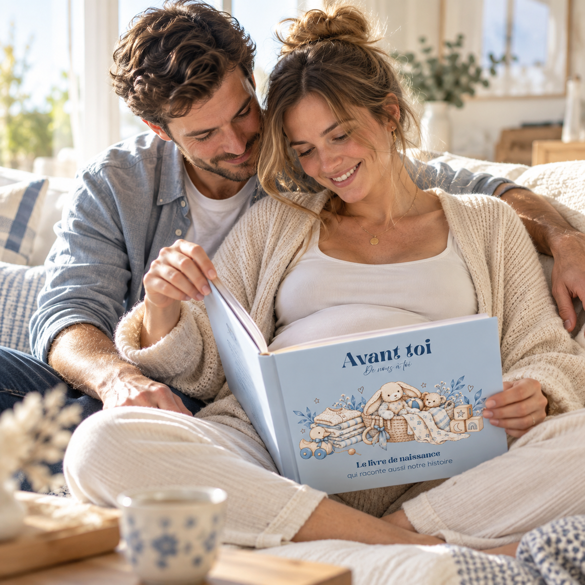 Un couple feuillette ensemble le livre de naissance Avant toi, posé sur le ventre de la future maman