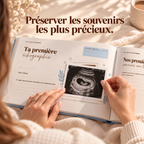 Le livre Avant toi ouvert sur la page « Ta première échographie », deux mains y posent une échographie à coller. Texte : préserver les souvenirs les plus précieux.